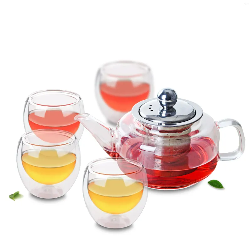 Teaware set Clear Glass Coffee Teapot w/ rostfritt stålfilter 4 st dubbel väggkopp