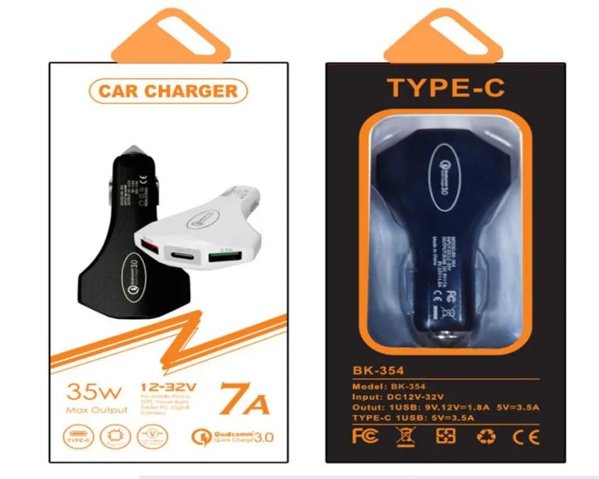 QC30 Fast Charging 3 Port Car Charger Snabbladdning 7A 35W Typ C Hammer Safety Car Chargers för Samsung PC Mp3 Android Telefon3566868