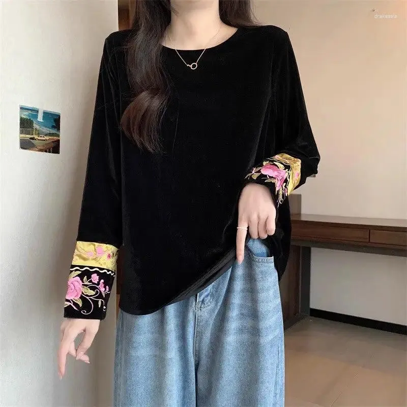 Frauenblusen 2024 Herbst/Winter Stickerei chinesischer Stil großer Bottom-Hemd High-End Golden Velvet Top T-Shirt Bluse Z4500