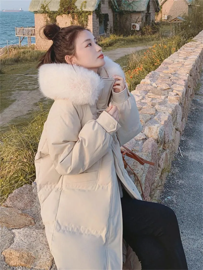 Kvinnors dike risar ris aprikos ned bomullsjacka för kvinnor i vinter medium längd över knä koreansk version stor päls krage