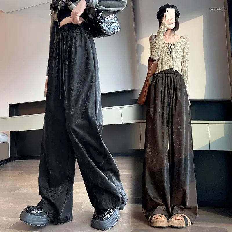 女性用パンツ女性harajuku y2kブラックパスハイウエストセクシーなカジュアルワイドレッグズボンの厚いストレッチの拡大
