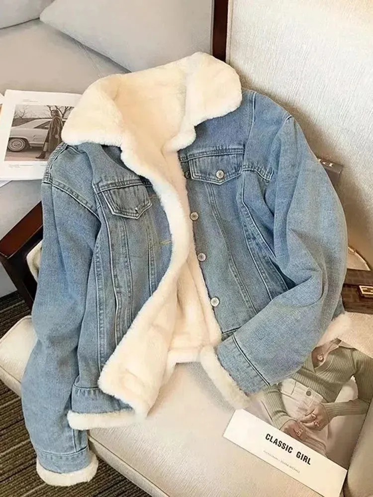 Giacca invernale in denim addensato da donna su due lati che indossa capispalla in lana di agnello Cappotto caldo casual allentato femminile Colletto POLO da donna Manica lunga 240102