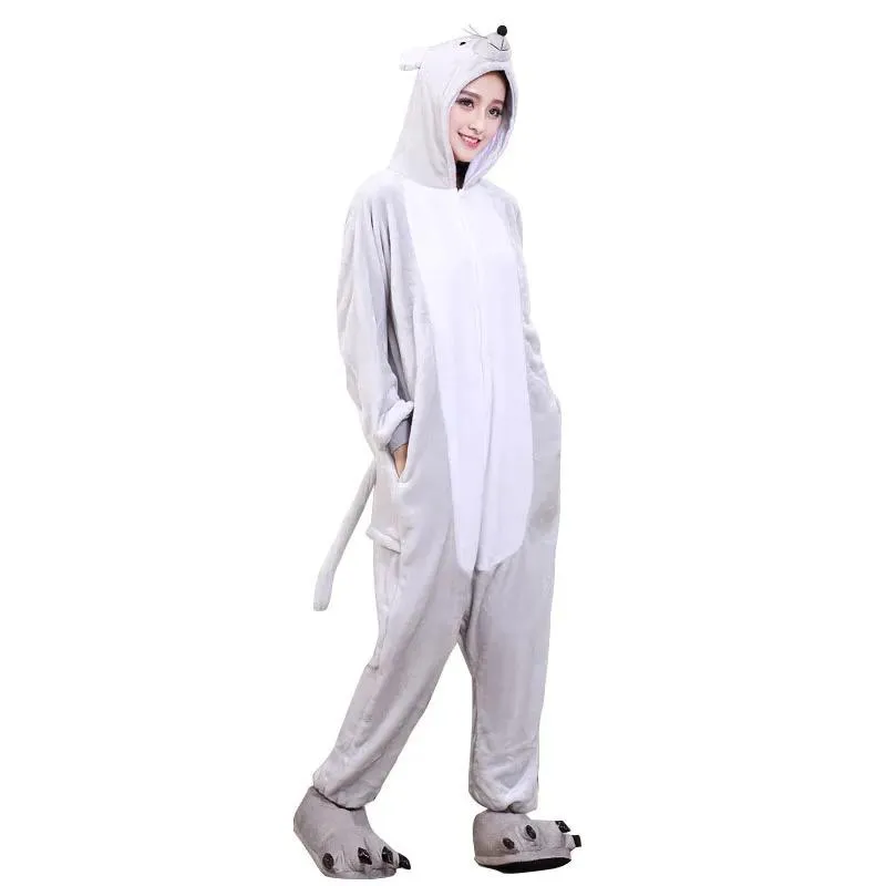 Costume Tutina per adulti Topo Animale del fumetto Pigiama Unisex Uomo Donna Pigiama Grigio Tuta da festa Morbida flanella calda Divertente Abbigliamento da notte invernale