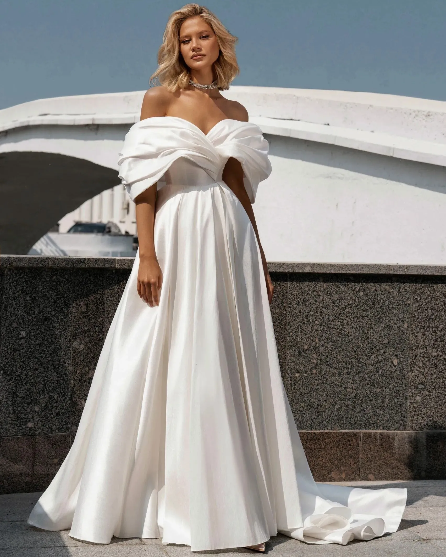 Modern A Line Wedding Dress 2024 Off The Shouler Pleat Satin Princess