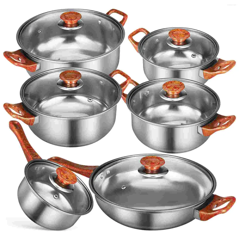 Pannor 6 PCS POT SET ROINELESS STÅL Krukor och nonstick -matlagning