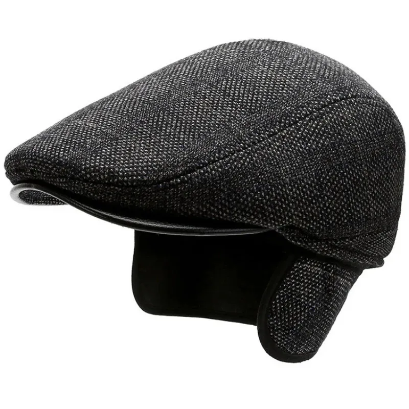 HT3742 Beret Cap Autumn Winter Hat Vintage Plaid ullhattar med öronflikar Tjock varma murgröna Sboy -basker för män 240103