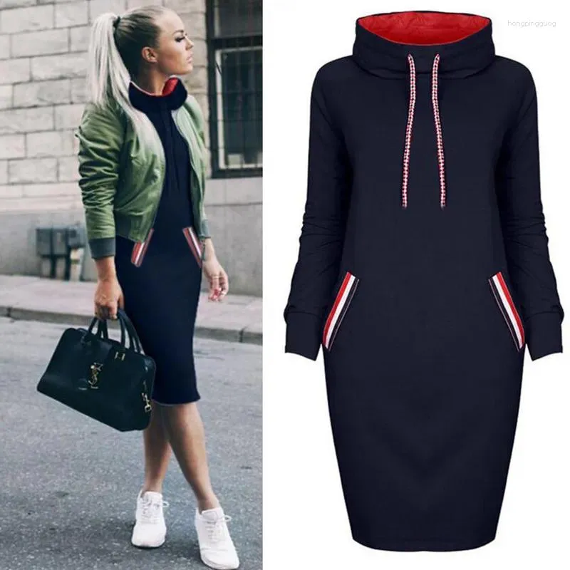 Sukienki swobodne bikoole jesna zima o szyja długie slevee sznurka damska 2024 fahsion solid bodycon kieszeń kieszonkowy bluza bluzy bluzy