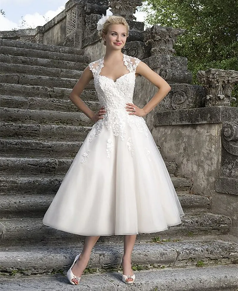 Vintage Lace Applique Tea Length A Wedding Dress with Illusion Back Buttons - Classic Garden Bride Gown (2024)