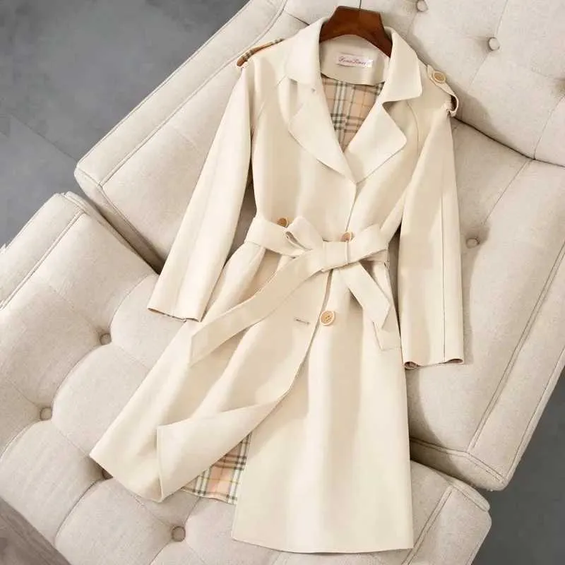 Women's Wool Blends Spring Women's Trench Coat 2023 Ny Long Suede Jacket Korean version av långärmad modetemperament Populärt topptrend J240103