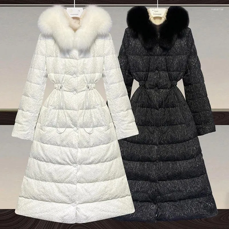 Trench da donna Collo di pelliccia Con cappuccio Donna Piumini 2024 Moda invernale Pizzo all'uncinetto Vita con coulisse Tuta sportiva lunga femminile