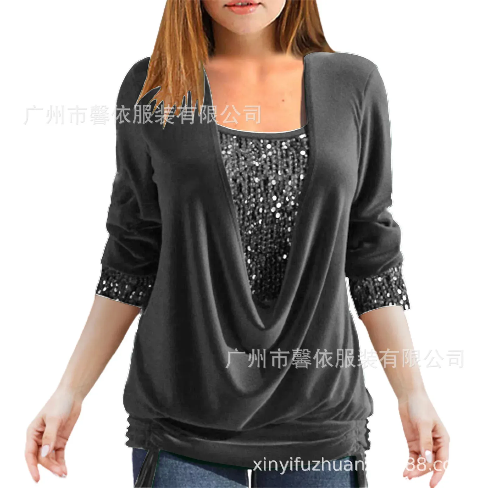 Women's blouse 2024 springsummer sequin shirt long sleeved women's round neck loose pleated fake twopiece set 240102