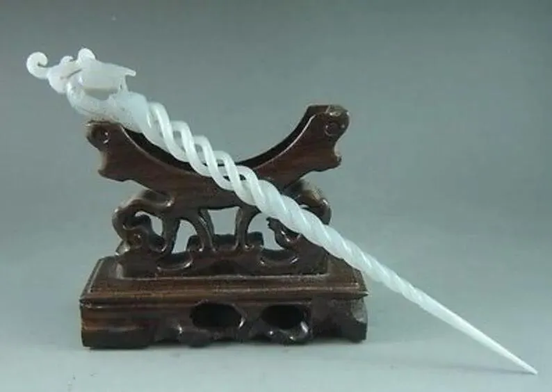 Craft Squisite Ancient Chinese White White Jade intaglio Phoenix Hairpin Hair Stick