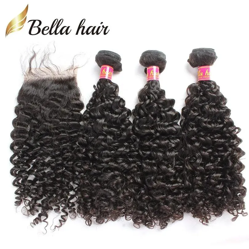 Fechamento de renda com pacotes de cabelo virgem brasileiro, 3 peças de cabelo encaracolado, extensão superior, cor natural, bellahair