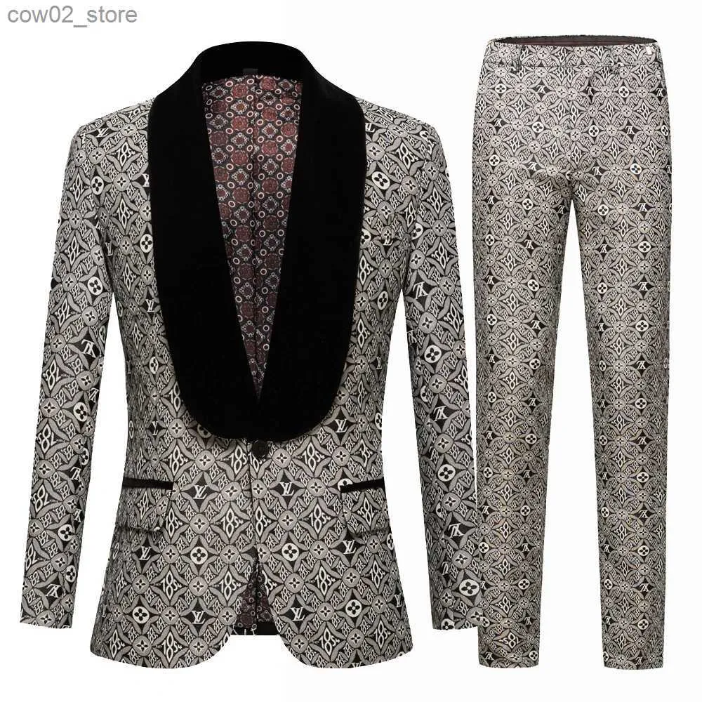 Herren-Trainingsanzüge, Jacquard, Bräutigam, Smoking, Schalkragen, Herrenanzüge, Hochzeit, Abschlussball, Trauzeuge, Blazer, Jacke mit Hosen, schwarzer Kragen, Q230103