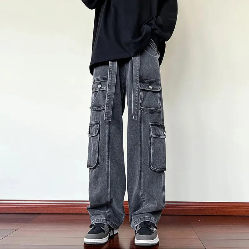 Denim Cargo Trousers, Wide Leg Mens Cargo Denim Trousers