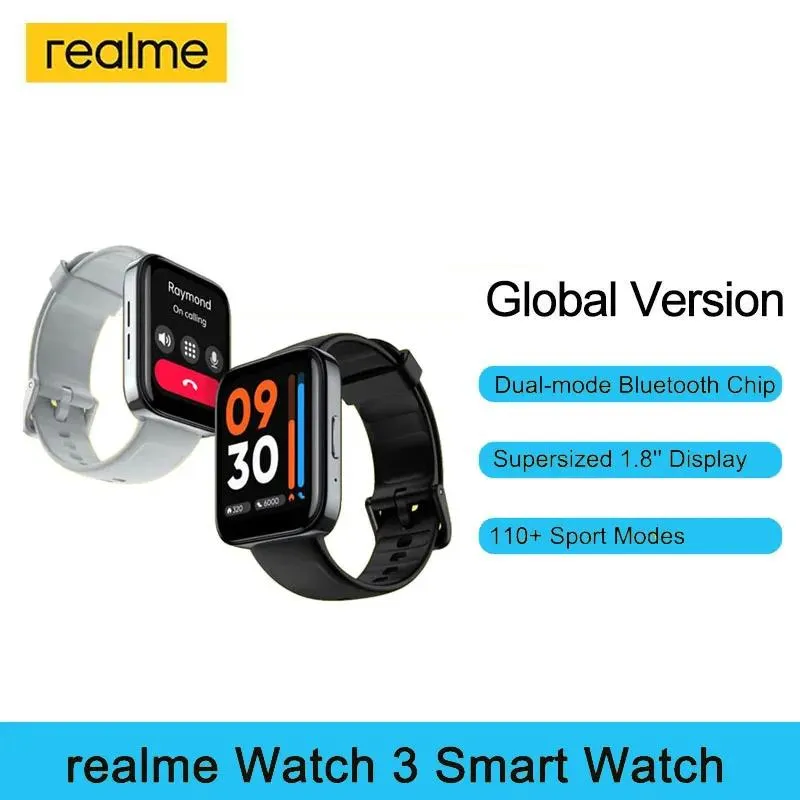 Uhren Realme Watch 3 Smart Watch Blutsauerstoff-Herzfrequenzmesser 1,8-Zoll-Bildschirm IP68 Wasserdicht 340 mAh Batterieuhr