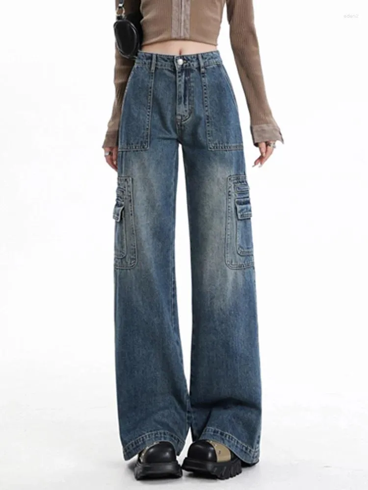 Jeans pour femmes Cargo Femmes Denim Pantalon Bleu Taille haute Streetwear Plus qu'une poche Mode Vintage Pantalon large jambe droite