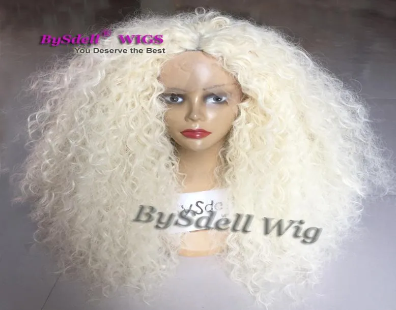 Lange Afro Pluizig Medium Krullend Haar Kanten Voorkant Pruik Synthetisch Hittebestendig Honingblond 613 Kleur Pruiken voor Zwarte Vrouwen Pelucas Pe7170352