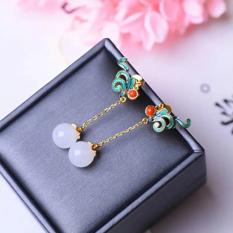 Dangle Earrings Natural Hetian Jade White Stud Ancient Chinese Style Super Fairy Court S925 Sterling Silver Cloisonne Orn