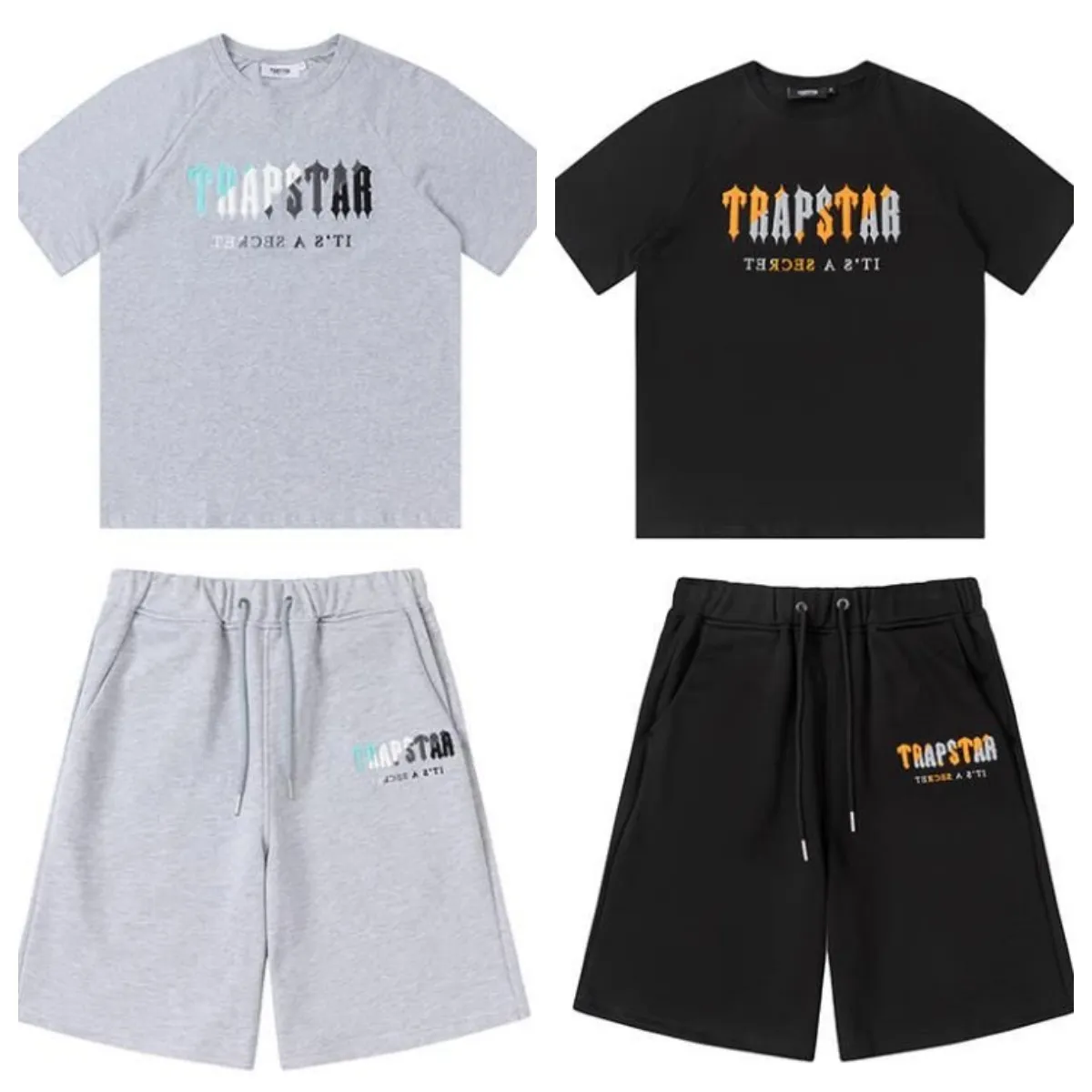 T-shirt élégant Pantalon court Homme Pull Trapstar Ensemble à manches courtes imprimé lettre Ensemble de survêtement 2 pièces Couleur unie coton noir respirant London street wear de qualité