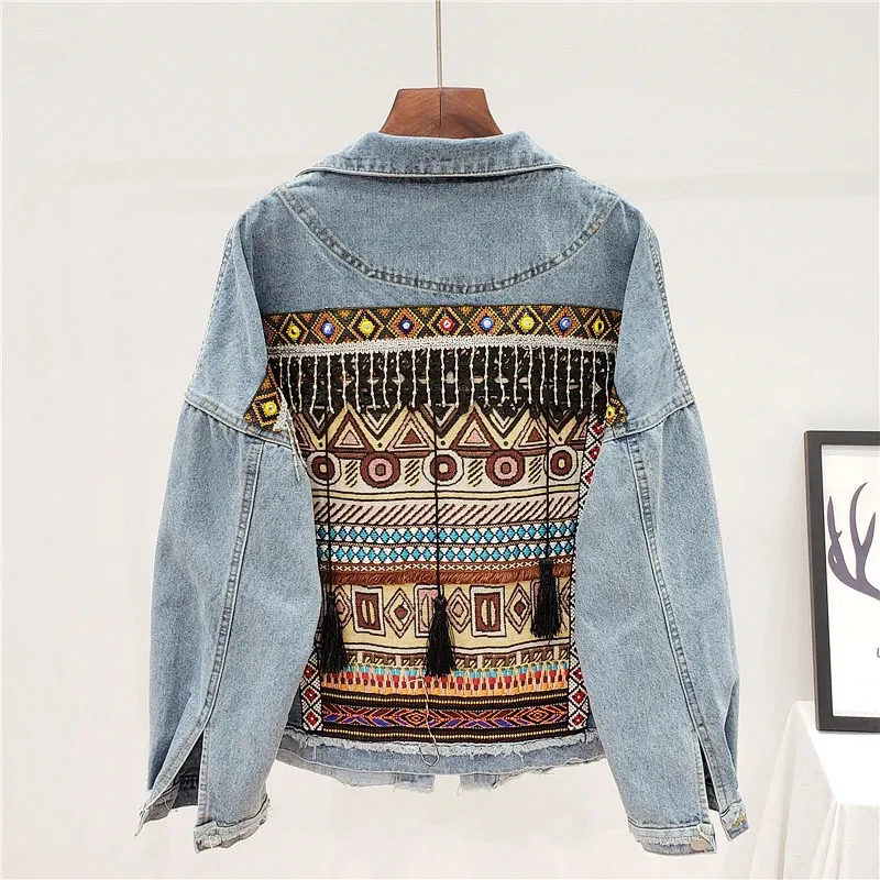 Printemps lâche Vintage ethnique broderie gland Jeans veste femmes effiloché bleu Denim veste à manches longues vêtements d'extérieur décontractés 240103