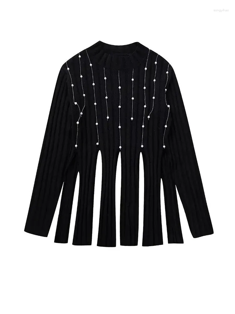 Women's Sweaters Women Split Black Beading Tassel Pullovers Elegant Knitwear