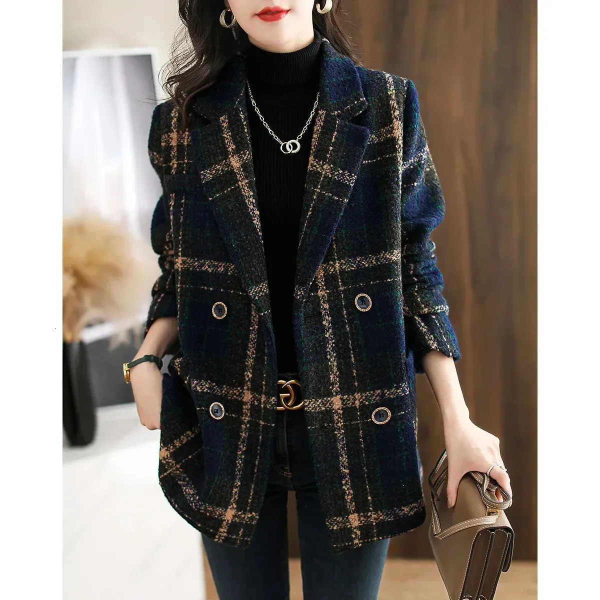 Drop Spring Fall Winter Plaid Print Lapel Neck Long Sleeve Women Casual Party Tweed Blazer Coats Jacket Outwear 240102