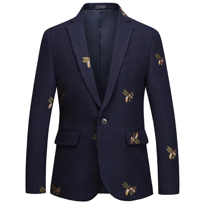 S-6XL Boutique de moda bordado para hombre, chaqueta de negocios informal para hombre, traje ajustado, chaqueta azul marino, abrigo para banquete de boda para hombre 240102