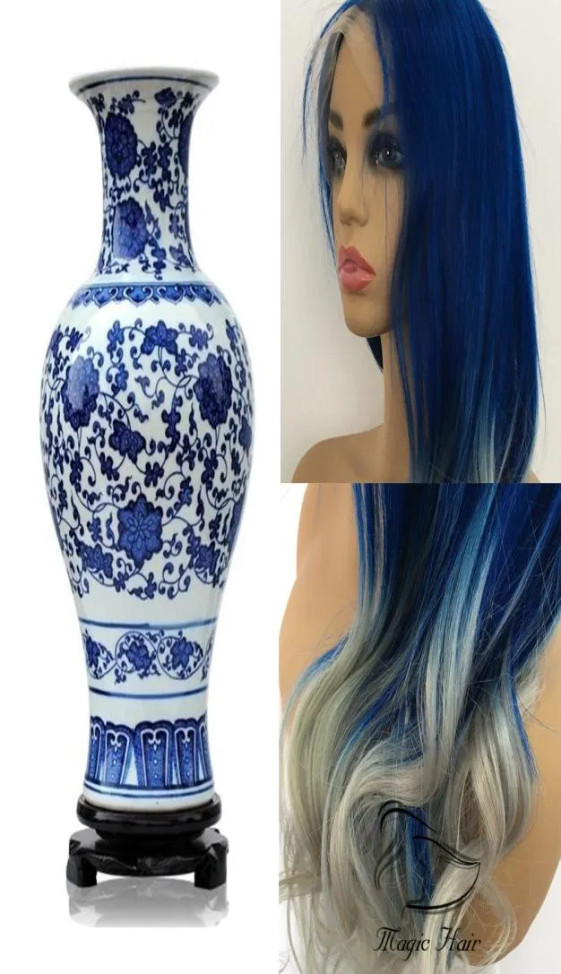 Parrucche piene di capelli umani in pizzo Pre pizzicate Capelli remy brasiliani Blu e bianco stile porcellana onda naturale Parrucca anteriore in pizzo per capelli umani3333399