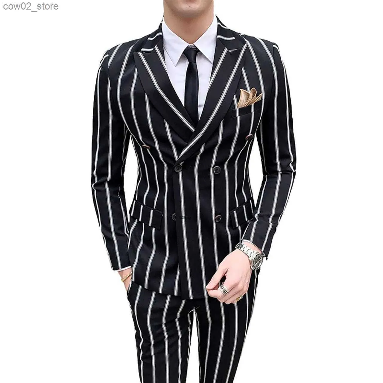 Men's Suits Blazers 2 Piece Suit Slim Fit Mens Set Double-breasted Wedding Groomman Pinstripe Notched Lapel For (Blazer+Pants) Q230103
