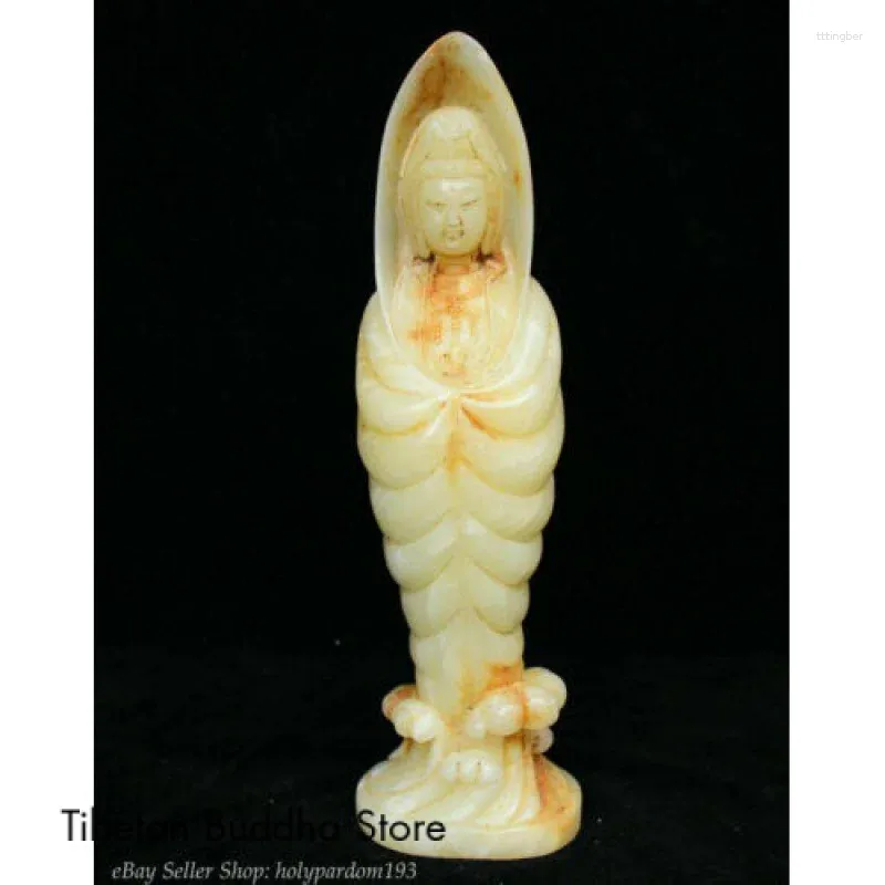 Decorative Figurines 12" Chinese Natural Old White Jade Jadetie Carved Stand Kwan-Yin Guan Yin Statue