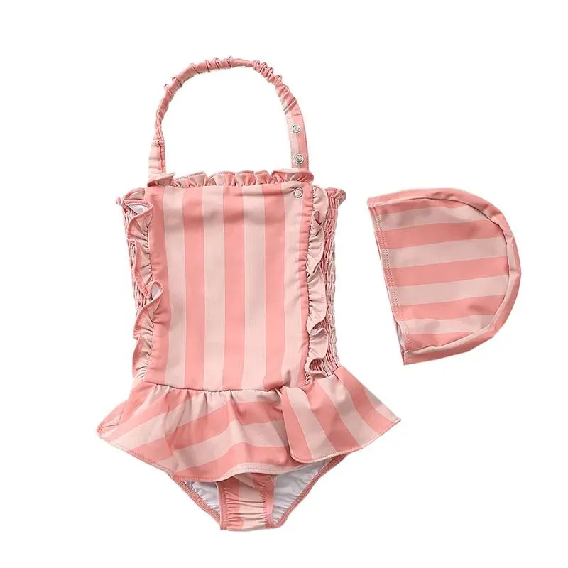 Ställ babyflickor badkläder för småbarn randiga rosa ruffles baddräkt barn flickor prinsessa sommardräkt för barn