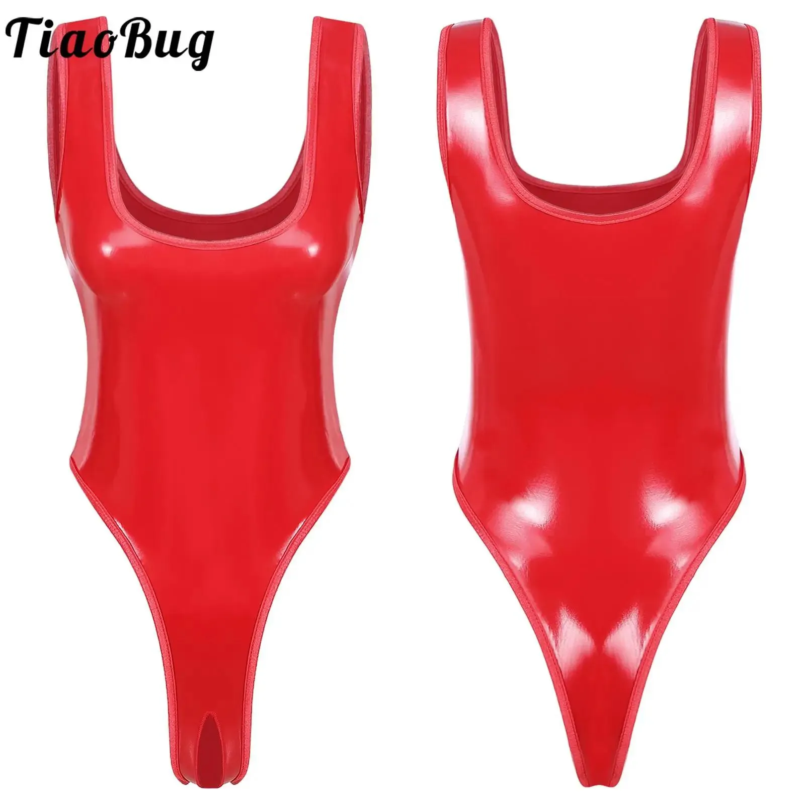 Calças Tiaobug Womens Wet Look Pure Color U Neck Crotchless Red Patent Leather Bodysuit High Cut Backless Catsuit Night Clubwear