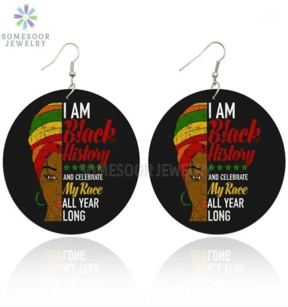 Dangle Chandelier SOMESOOR Black History Race Toute l’année Boucles d’oreilles en bois africaines Afro Headwrap Woman Power Saying Design3570302