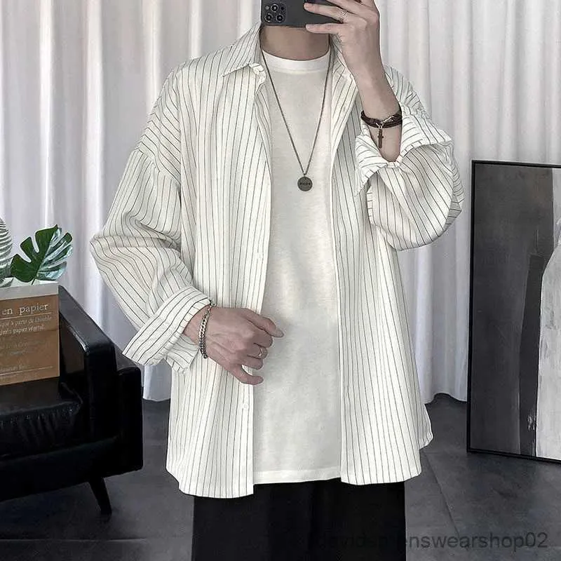 Men's Casual Shirts Striped Shirt Jacket Men Women Hong Kong Style Casual Oversize Trend Black Unisex Gothic Long-Sleeved Shirt Autumn Tops