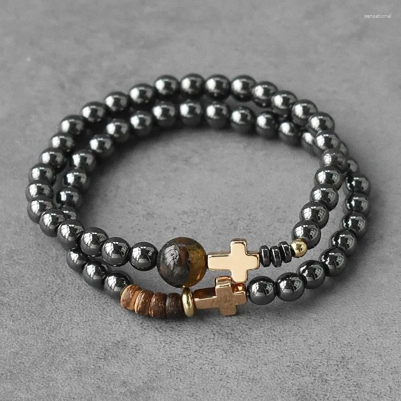 Strand 2pcs Bead Bracelet Men Natural Hematite Coconut Shell Beaded Cross Charm Bracelets Homme Energy Stretch Jewelry