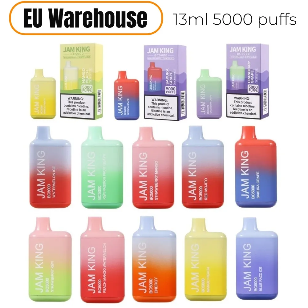 EU Stock Jam King Disposable Vape BC5000 13ml 5K Puffs E Cigarette vape box 5% Nic Prefilled Cart Mesh Coil Vaporizer 12 Flavors Rechargeable 650mAh Battery