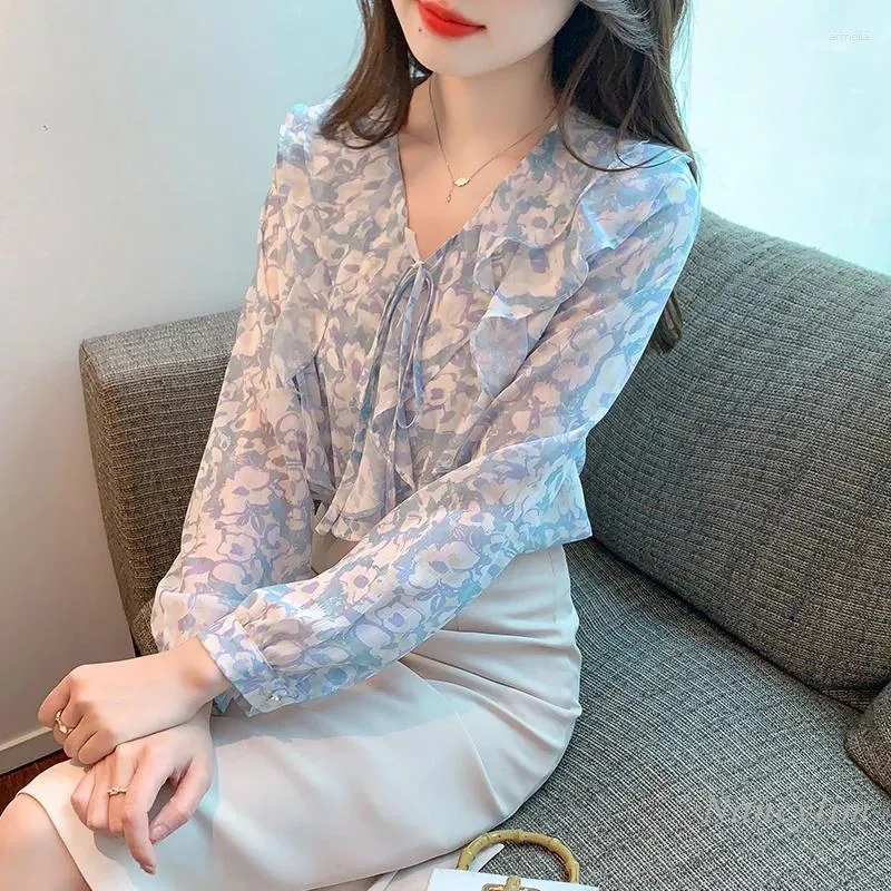 Женские блузки цветочная шифоновая рубашка с длинными рукавами весенняя одежда 2024 Юновно выглядящая V Sect Top Tops Beautiful Print Blouse Tops