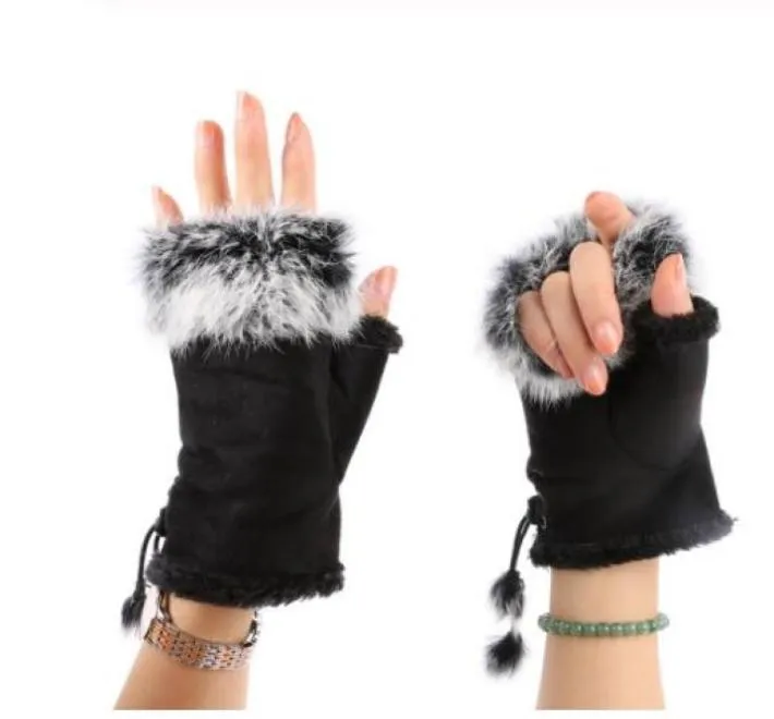 Fashion Women039s Faux Rabbit Fur Hand Brance Wimorsze rękawiczki pół palców Winter Glove GB13286540506