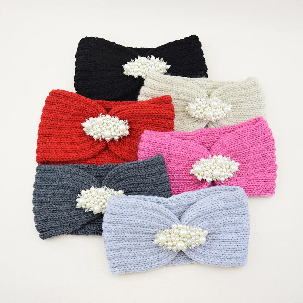 Women Pearl Rhinestone Knitted Headbands Winter Warm Crochet Wide Hair Bands Head Wrap Elastic Turban Bandana Hair Accessories