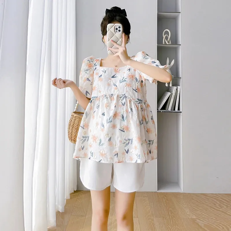 Verão moda maternidade camisas florais manga curta gola quadrada solta mulher grávida roupas de cintura alta blusas de gravidez topos 240102