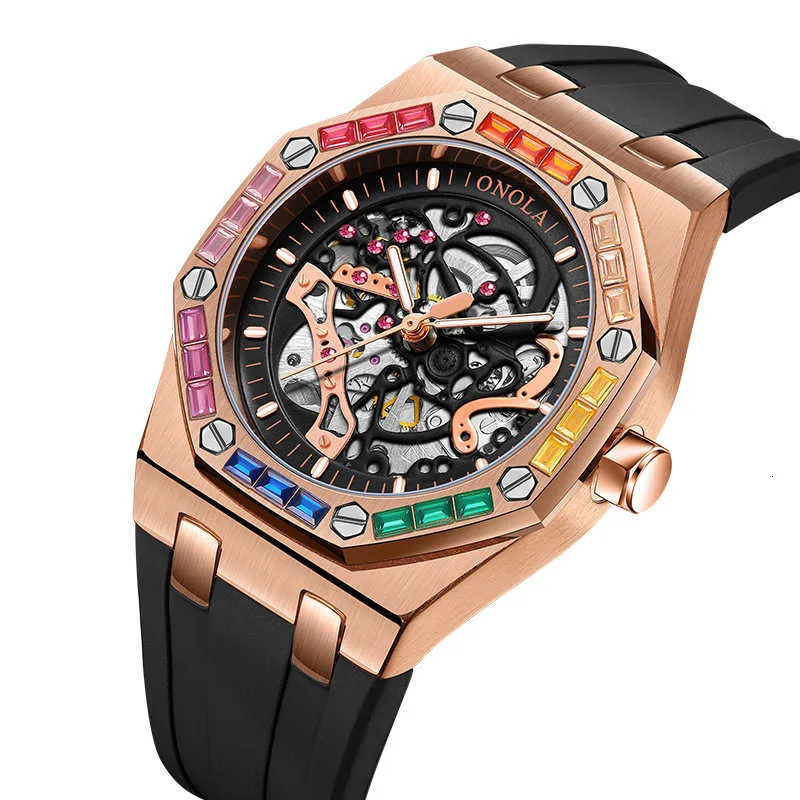 дизайнерские часы Мужские часы ONOLA/Orona Fashion Tiktok New Rainbow Diamond Полностью автоматические часы Силиконовая лента Водонепроницаемые часы