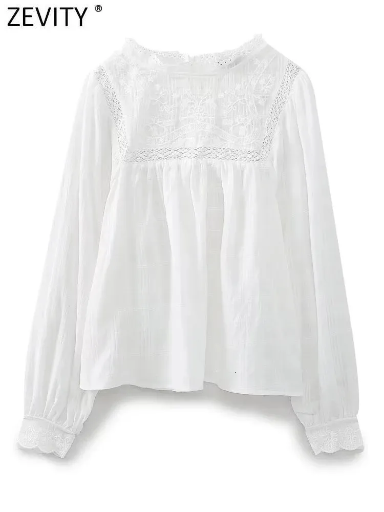 Zevity Women Fashion Flower Brodery Lace Stitching White Smock Blouse Femme Long Sleeve Casual Shirt Blusas Chic Tops LS3833 240102