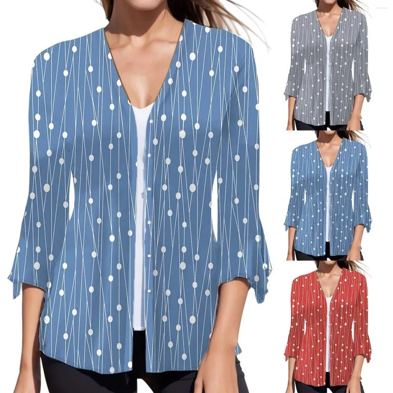 Women's Blouses Ladies Polka Dot Straight Line Printed Solid Color V-Neck Open Front Cardigan Women Three-Quarter Sleeve Sunscreen Outerwear