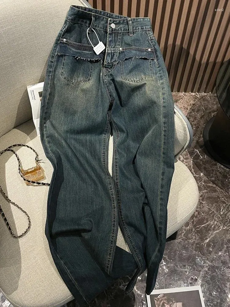 Kvinnors jeans oiinaa hög midja kvinnor y2k vintage brett ben lapptäcke tassel streetwear koreanska mode raka byxor