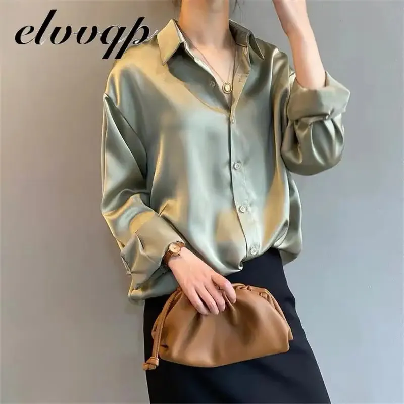 Spring Fashion Button Up Satin Faux Silk Shirt Vintage Blouse Women White Lady Long Sleeves Female Loose Street Shirts 240102