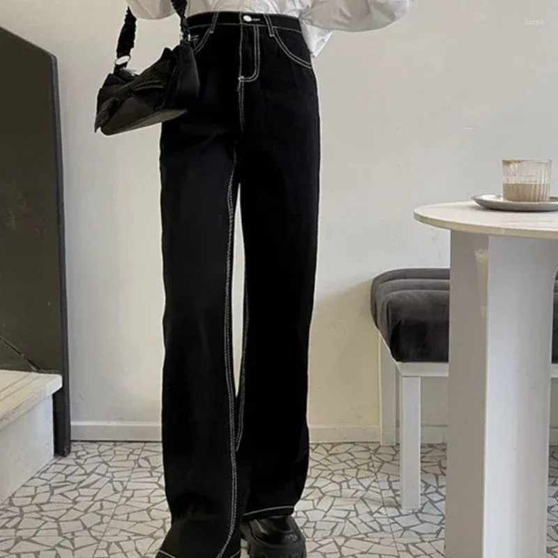 Pantaloni jeans da donna Pantaloni denim femminili neri Gamba dritta con tasche Vita alta S Gyaru Estate anni '90 Abbigliamento ampio unico