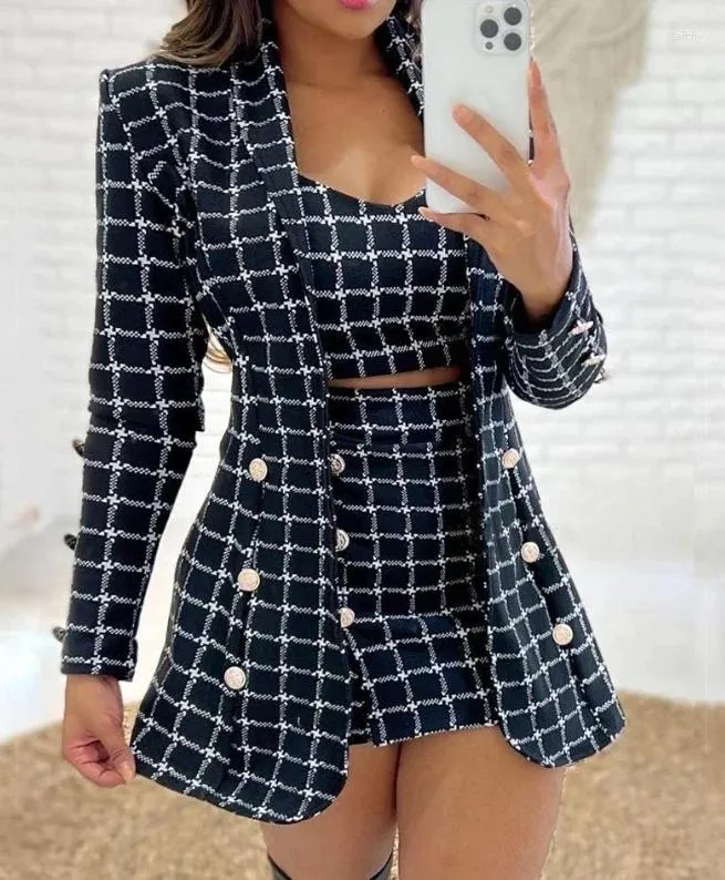 Work Dresses Elegant 3Pcs Mini Skirt Set Women Outfit 2024 Autumn Houndstooth Print Shawl Collar Blazer Coat & Casual With Crop Tops Suits