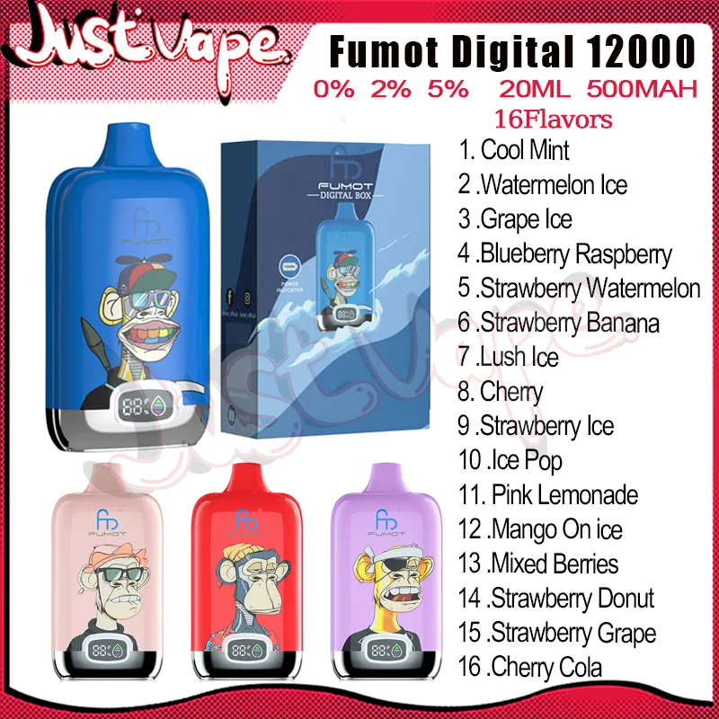 Fumot Digital 12000 Puff Disposable E Cigaretter Mesh Coil 20 ml POD 500 mAh Battery Electronic Cigs Puff 12k 0% 2% 5% 16 smaker Vape Pen