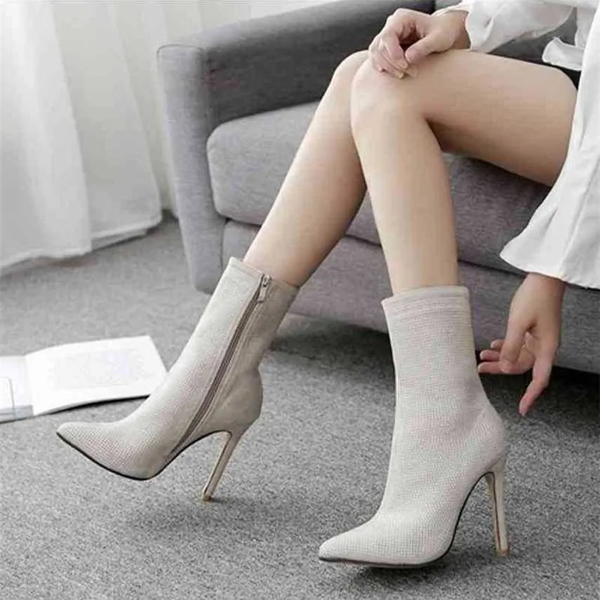 Boots Women Crystal Mid Calf Boots Women's Party Sexy Pointed Toe Shoes Super Thin High Heels Woman Fashion Zip Ladies Pumps Plus Size 220913